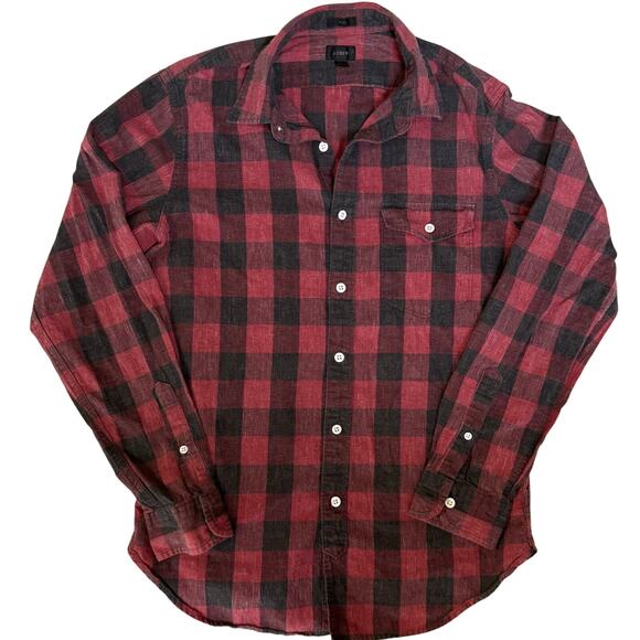 J Crew Red Buffalo Plaid Chambray Shirt Mens Small Slim Fit Long Sleeve Button - Picture 1 of 6
